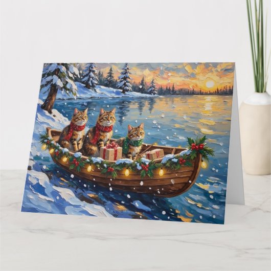 Siberische Katten Kerstboot Vakantie Kaart (Voorkant)