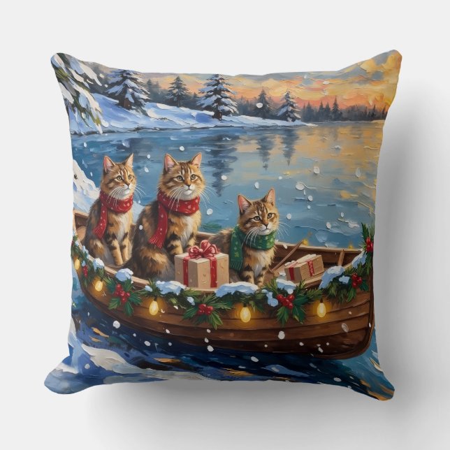 Siberische Katten Kerstboot Vakantie Kussen (Voorkant)