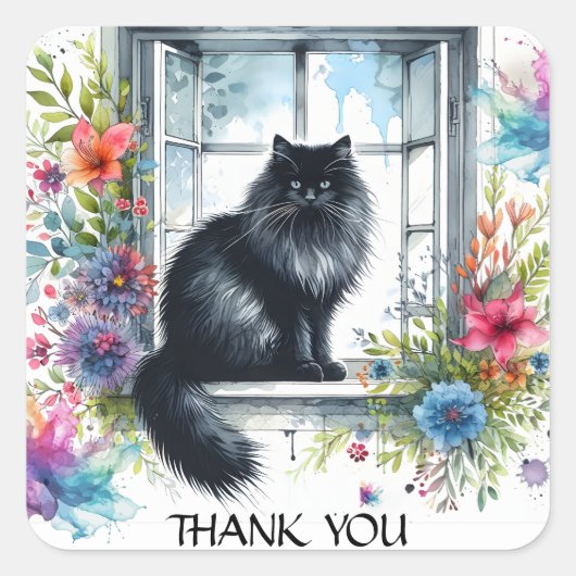 Siberische Zwarte Kat in het venster Zomerbloemen Vierkante Sticker (Voorkant)