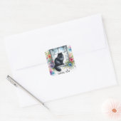 Siberische Zwarte Kat in het venster Zomerbloemen Vierkante Sticker (Envelop)