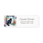 Siberische Zwarte Kat op Venster Zomer Bloemen Etiket (Voorkant)