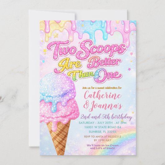 Sibling Double the Scoops Joint Birthday Kaart (Voorkant)