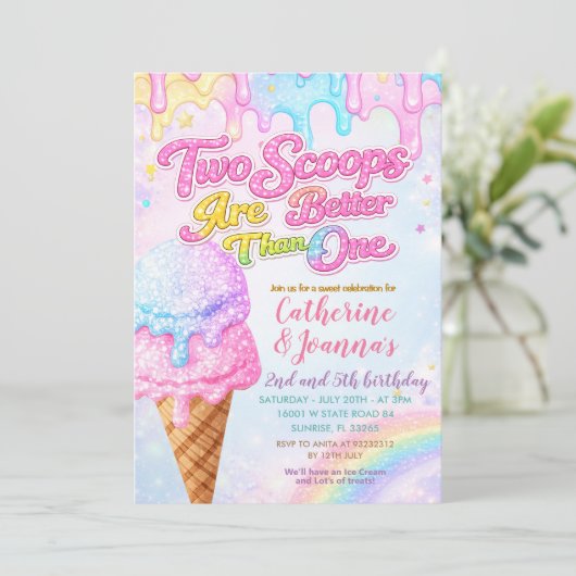 Sibling Double the Scoops Joint Birthday  Kaart (Staand voorkant)
