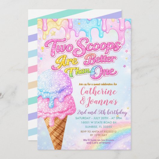 Sibling Double the Scoops Joint Birthday  Kaart (Voorkant / Achterkant)