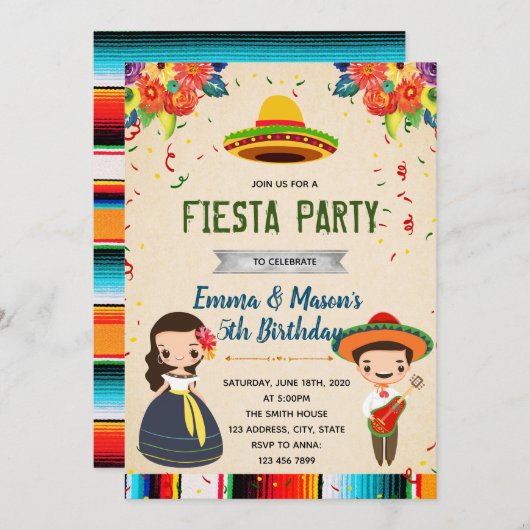 Sibling fiesta partijuitnodiging kaart (Voorkant / Achterkant)