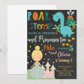 Siblings dinosaur en prinses verjaardagsdagsdaging kaart (Voorkant / Achterkant)