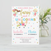Siblings fairies en unicorn-jarig nodigen uit. kaart (Staand voorkant)
