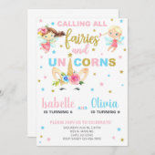 Siblings fairies en unicorn-jarig nodigen uit. kaart (Voorkant / Achterkant)
