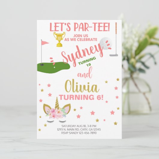 Siblings golfing en unicorn-verjaardagsuitnodiging kaart (Staand voorkant)