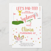 Siblings golfing en unicorn-verjaardagsuitnodiging kaart (Voorkant / Achterkant)