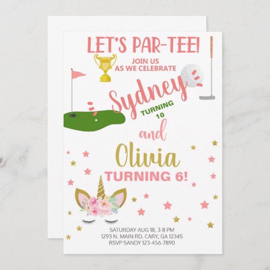 Siblings golfing en unicorn-verjaardagsuitnodiging kaart (Voorkant / Achterkant)