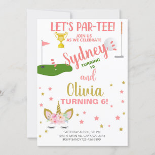 Siblings golfing en unicorn-verjaardagsuitnodiging kaart