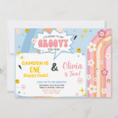 Siblings GROOVY boy and girl birthday invitation. Kaart (Voorkant)
