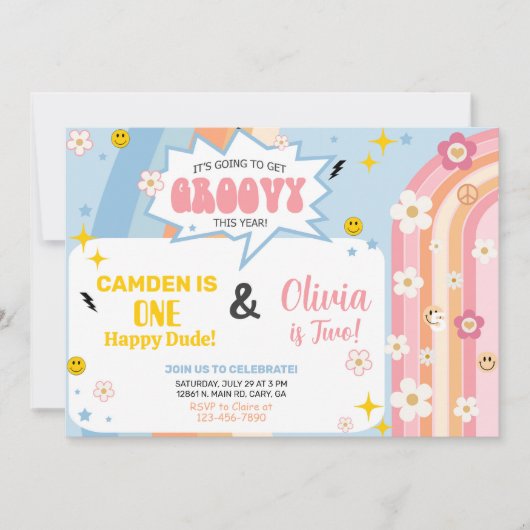 Siblings GROOVY boy and girl birthday invitation. Kaart (Voorkant)