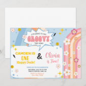 Siblings GROOVY boy and girl birthday invitation. Kaart (Voorkant / Achterkant)