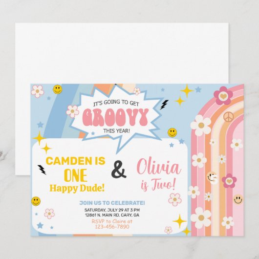 Siblings GROOVY boy and girl birthday invitation. Kaart (Voorkant / Achterkant)