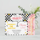 Siblings GROOVY boy and girl birthday invitation. Kaart (Staand voorkant)