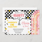 Siblings GROOVY boy and girl birthday invitation. Kaart (Voorkant / Achterkant)