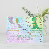 Siblings mermaid en dinosaurus verjaardagsuitnodig kaart (Staand voorkant)