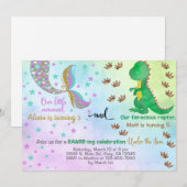 Siblings mermaid en dinosaurus verjaardagsuitnodig kaart (Voorkant / Achterkant)