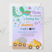 Siblings mermaid en dumptruck-verjaardagsuitnodigi kaart (Voorkant)