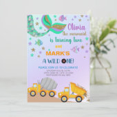 Siblings mermaid en dumptruck-verjaardagsuitnodigi kaart (Staand voorkant)