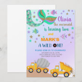 Siblings mermaid en dumptruck-verjaardagsuitnodigi kaart (Voorkant / Achterkant)