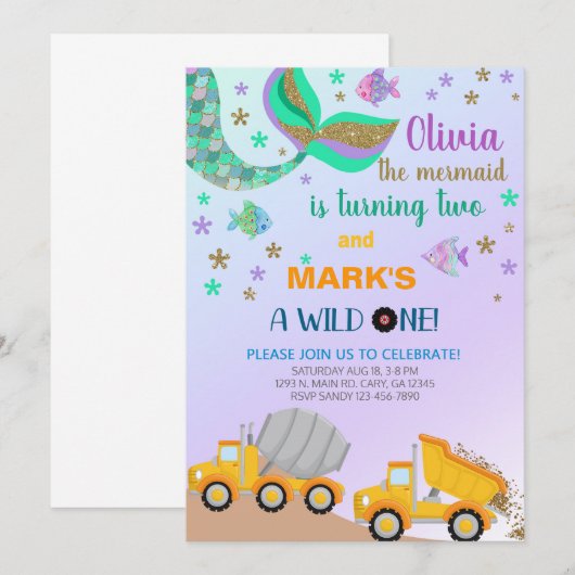 Siblings mermaid en dumptruck-verjaardagsuitnodigi kaart (Voorkant / Achterkant)