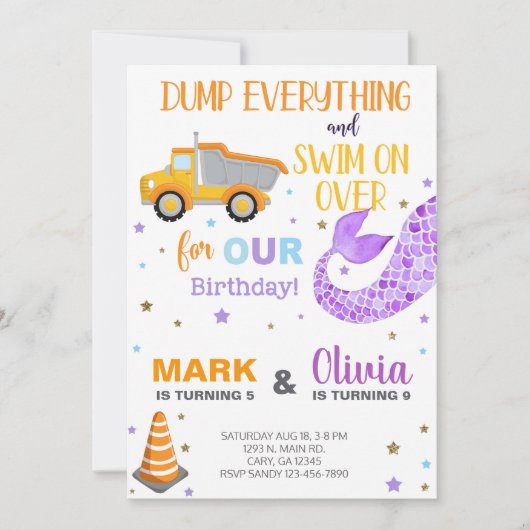 Siblings mermaid en dumptruck-verjaardagsuitnodigi kaart (Voorkant)