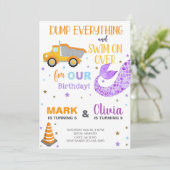 Siblings mermaid en dumptruck-verjaardagsuitnodigi kaart (Staand voorkant)