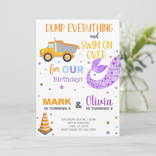 Siblings mermaid en dumptruck-verjaardagsuitnodigi kaart (Staand voorkant)