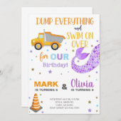 Siblings mermaid en dumptruck-verjaardagsuitnodigi kaart (Voorkant / Achterkant)