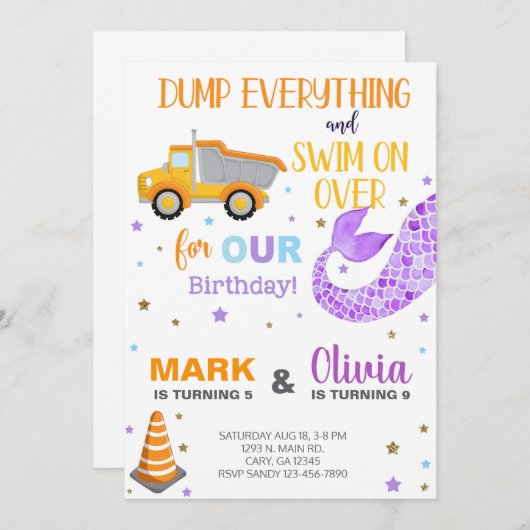 Siblings mermaid en dumptruck-verjaardagsuitnodigi kaart (Voorkant / Achterkant)