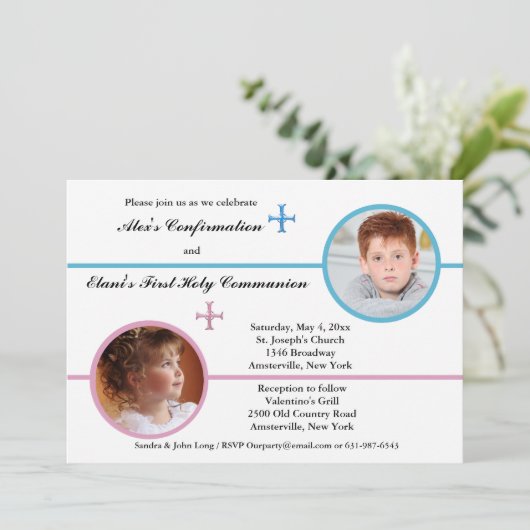 Siblings Two Foto Religieuze Uitnodiging (Staand voorkant)