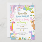 Siblings unicorn and dinosaurs invitation. kaart (Voorkant)
