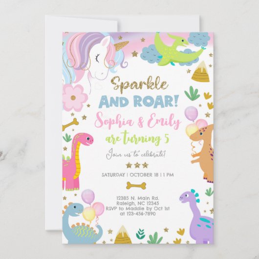 Siblings unicorn and dinosaurs invitation. kaart (Voorkant)