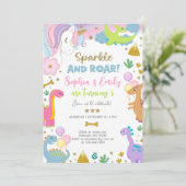 Siblings unicorn and dinosaurs invitation. kaart (Staand voorkant)