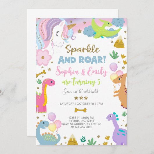 Siblings unicorn and dinosaurs invitation. kaart (Voorkant / Achterkant)