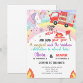 Siblings unicorn en brandweerwagen-verjaardagsuitn kaart (Voorkant / Achterkant)