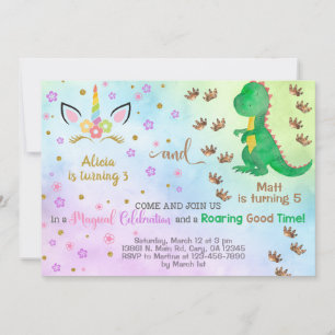 Siblings unicorn en dinosaurus verjaardagsuitnodig kaart