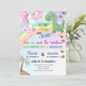 Siblings unicorn en dinosaurus-verjaardagsuitnodig kaart (Staand voorkant)
