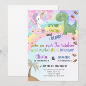 Siblings unicorn en dinosaurus-verjaardagsuitnodig kaart (Voorkant / Achterkant)