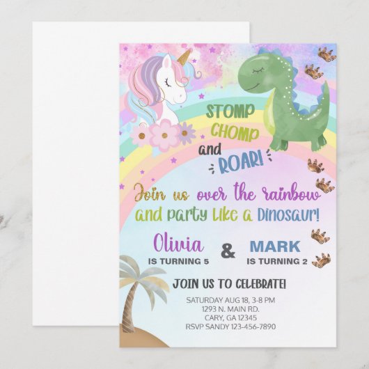 Siblings unicorn en dinosaurus-verjaardagsuitnodig kaart (Voorkant / Achterkant)