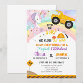 Siblings unicorn en dumptruck uitnodiging. kaart (Voorkant / Achterkant)