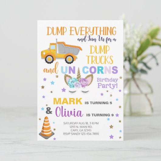 Siblings unicorn en dumptruck uitnodiging. kaart (Staand voorkant)