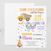 Siblings unicorn en dumptruck uitnodiging. kaart (Voorkant / Achterkant)