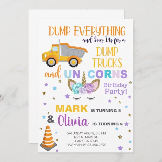 Siblings unicorn en dumptruck uitnodiging. kaart (Voorkant / Achterkant)