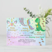 Siblings unicorn, mermaid & dinosaur-uitnodiging. kaart (Staand voorkant)