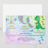 Siblings unicorn, mermaid & dinosaur-uitnodiging. kaart (Voorkant / Achterkant)