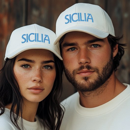 Sicilia (or Sicily) White Cap with Blue Embroidery Geborduurde Pet